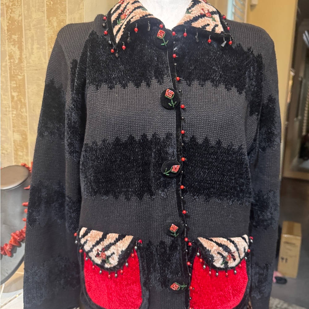 Vintage Berek Classy Black and Red Women's‎ Button Sweater Size Medium